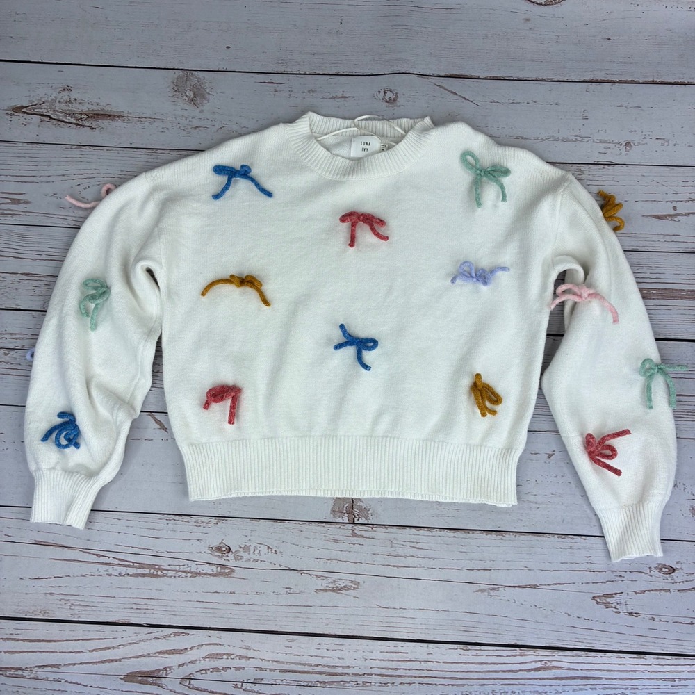 Luna Ivy Womens White Bow Accent Crewneck Sweater Y8076 Size M